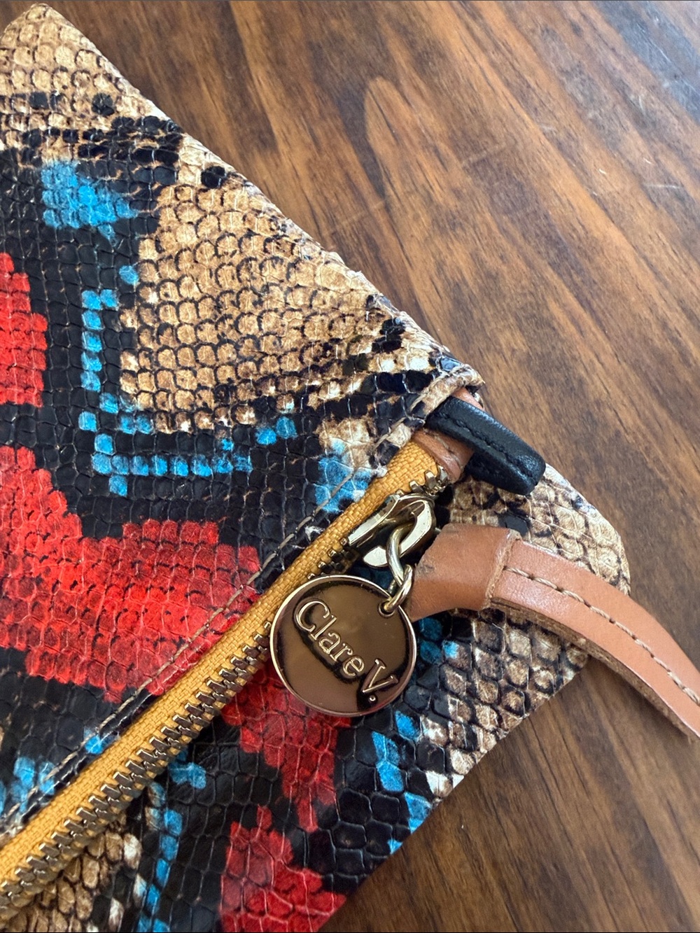 Clare V Snake-Print Foldover Clutch Wallet in Red, Blue and Tan. Like new. - Picture 2 of 6
